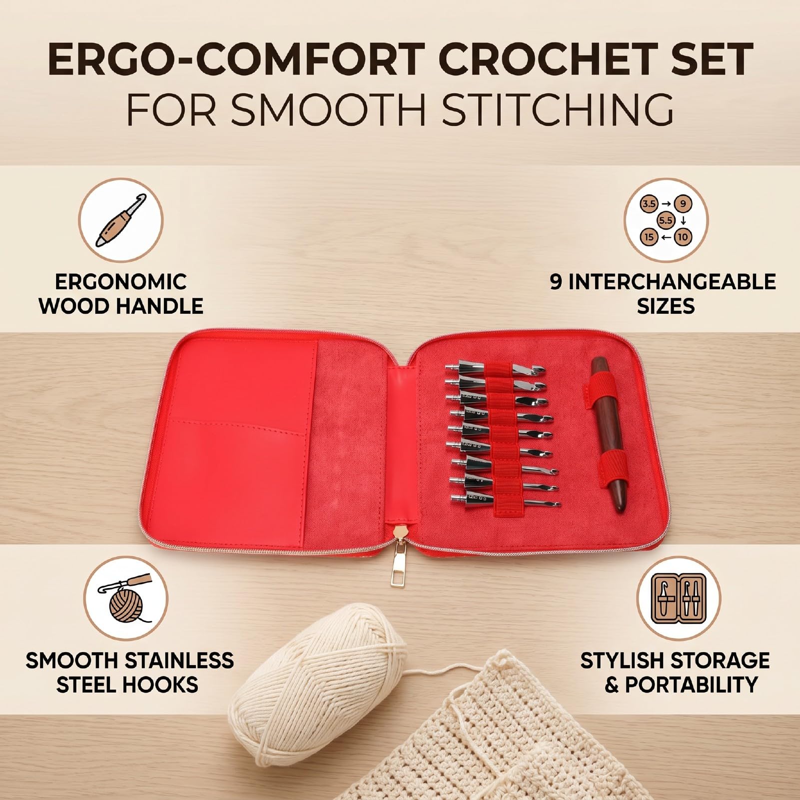 Luqeeg Kit de Herramientas para Tejer con Mango de Madera Ergonómico, Agujas de Ganchillo de Acero Inoxidable Intercambiables