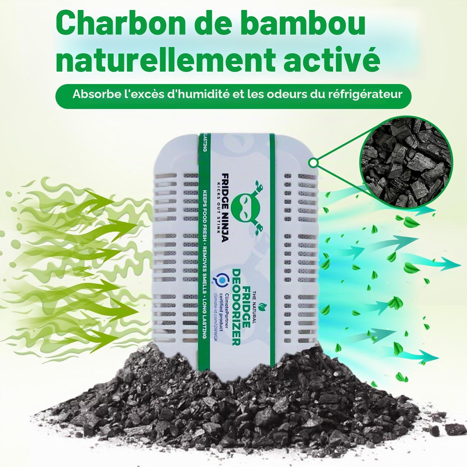 Fridge Ninja Désodorisant et désodorisant pour réfrigérateur – Charbon actif naturel non parfumé, dure 12 mois, éliminateur d'odeurs, absorbeur de parfum, accessoires de réfrigérateur pour la