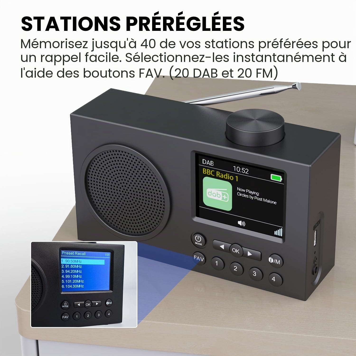 Radio DAB Monodeal avec Bluetooth, DAB+ et FM, Écran TFT 3" Rechargeable, Noir