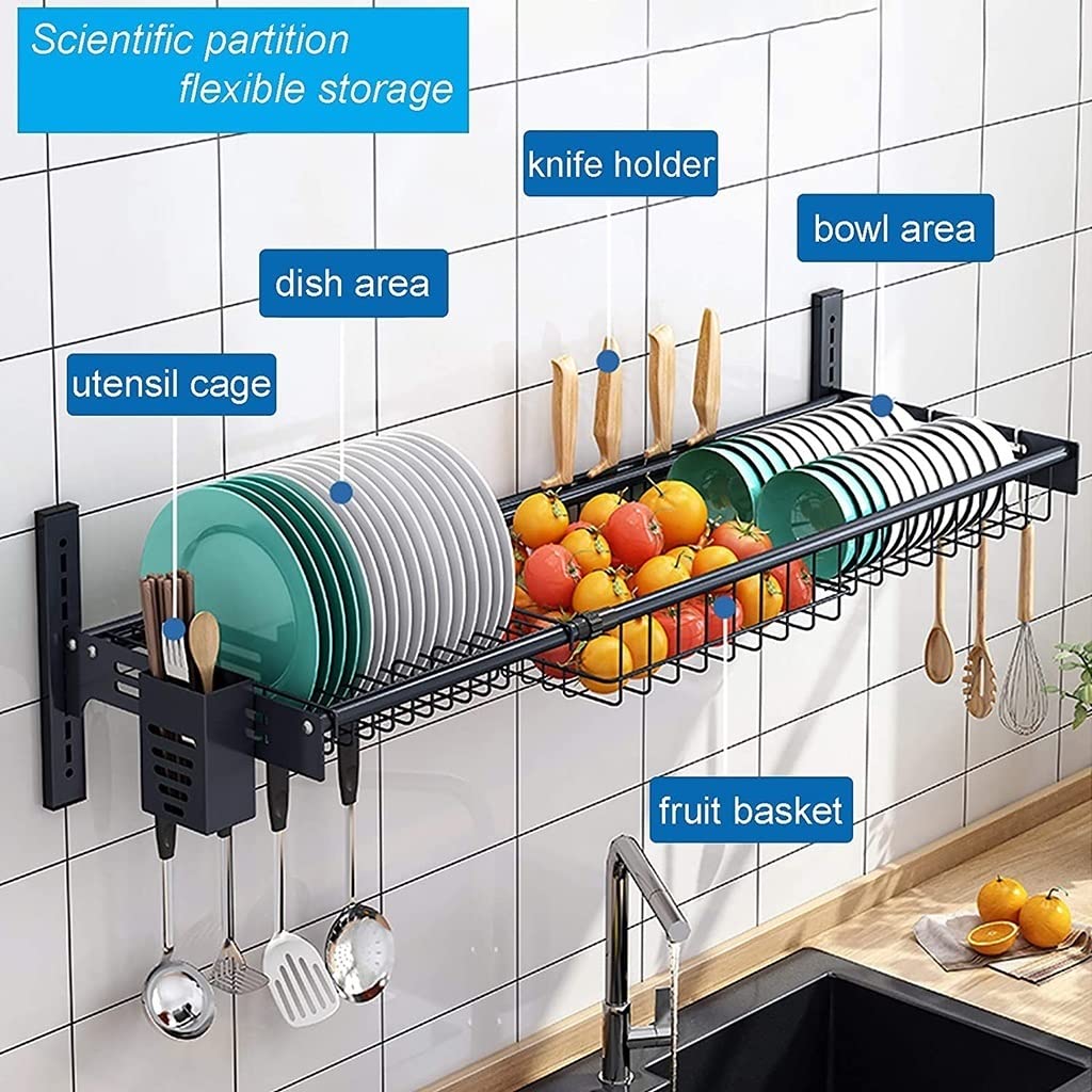 Escurridor de platos ajustable para fregadero – Escurridor de pared Capaci con soporte para sil, para cocina eficiente, color negro h