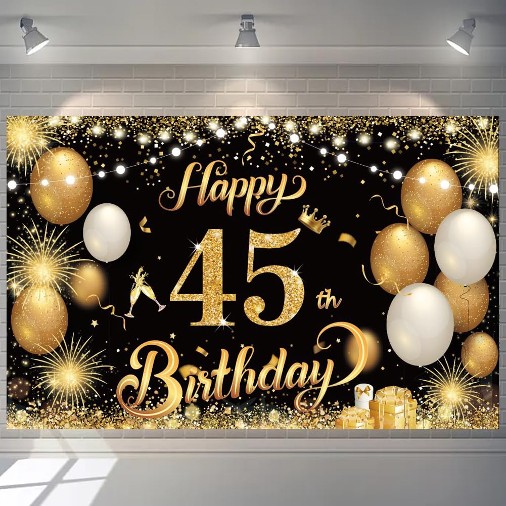 Happy 45th Birthday Banner - Gold 1.1 x 1.8m, Anniversary Party Supplies