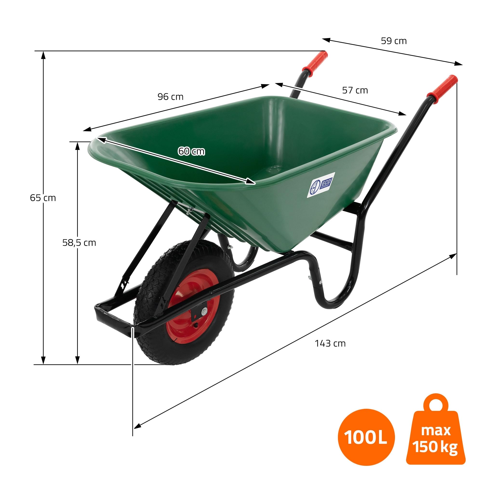 ECD Germany Carriola da Giardino con Telaio in Metallo e Vasca in Polipropilene Verde Capacità 100 L 150 kg per Trasporto con Ruota in Gomma Pneumatico Diametro 40 cm 16" Manici Lunghi