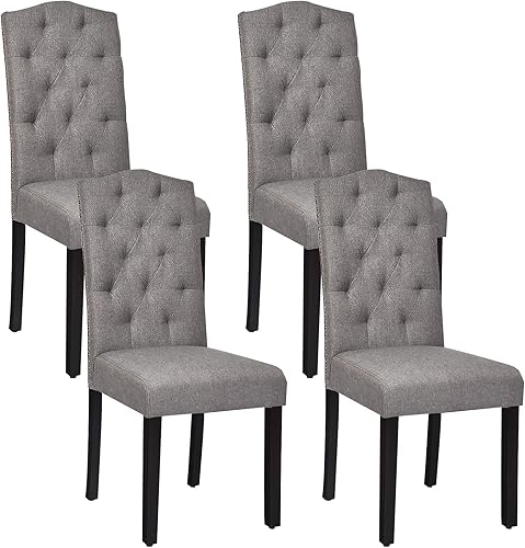 S AFSTAR Juego de 4 sillas de comedor de tela, sillas de comedor tapizadas con patas de madera maciza y respaldo alto, sillas Parsons copetudas,