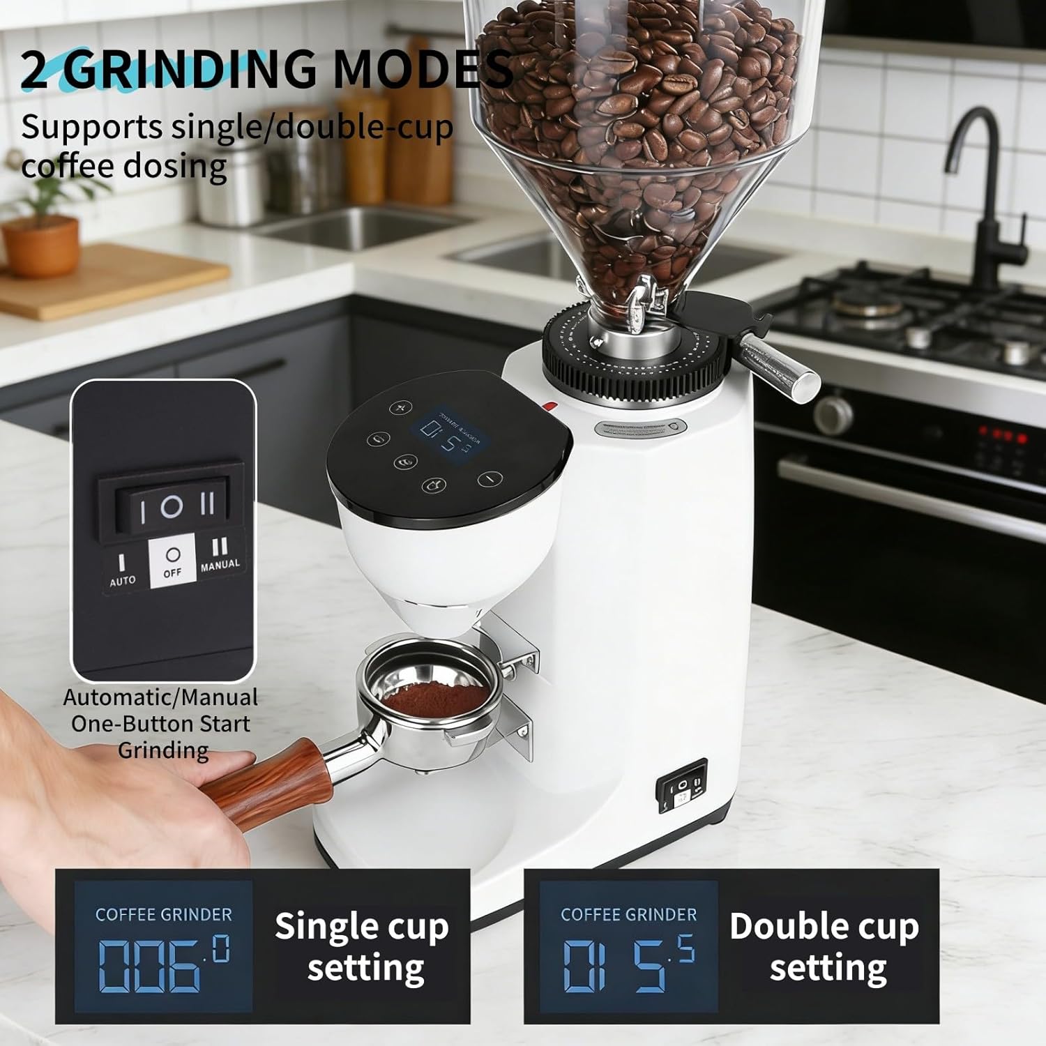 Professional Burr Coffee Grinder, Espresso Bean Grinder Coffee Bean Grinder with 19 Grind Settings for Espresso, Drip & French Press, Stainless Steel White
