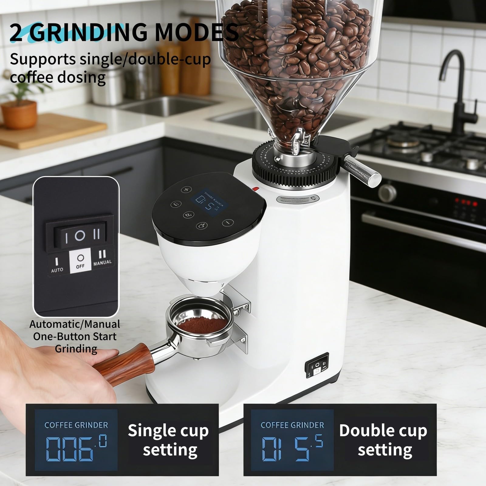 Młynek do espresso, elektryczny młynek do kawy, 19 ustawień, młynek do ziaren ze stali nierdzewnej z cyfrowym panelem dotykowym i kontrolą porcji do espresso, drip White