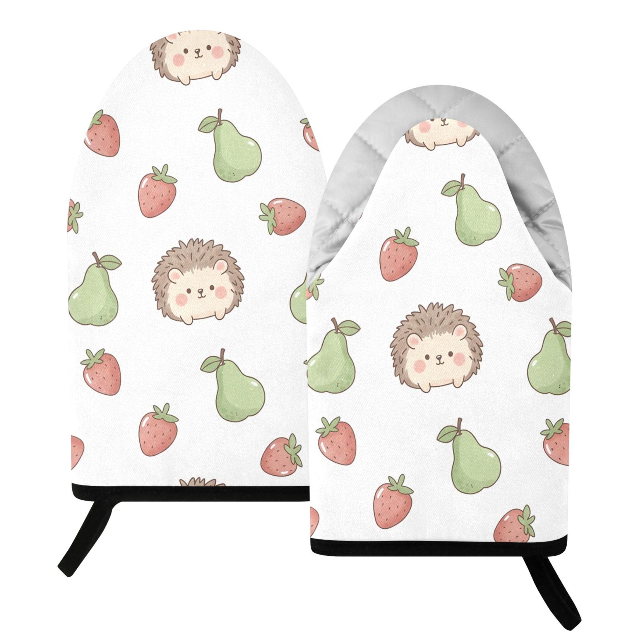 Kutsu Hedgehog Fruit Oven Mitts for Kitchen, Heat Resistant Cotton Oven Gloves for BBQ Baking Cooking, Breathable Kitchen Essentials, 2 pcs