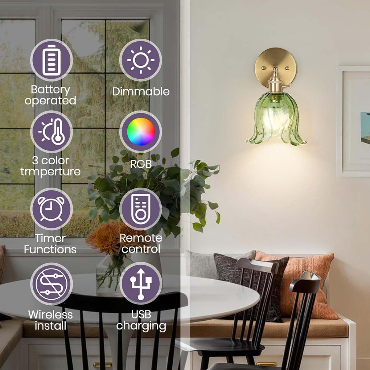 Lámpara de pared dorada recargable para interiores, estilo retro, con casquillo E27, RGB regulable y mando a distancia, inalámbrica, para mesita de noche, ajustable, con cristal verde, aplique de par