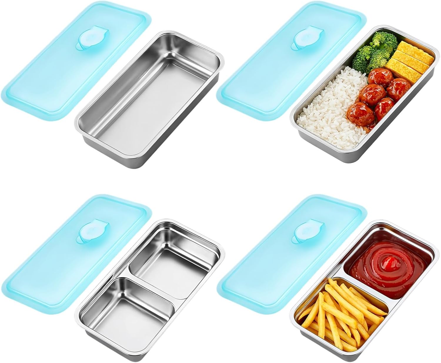 Food Grade Bento Box With Lid Double Compartment Steel 4 Pcs Containers Includes Stainless Snack Office 2 Pcs Single + 2 Pcs Double Travel Lunch Ideal Set For