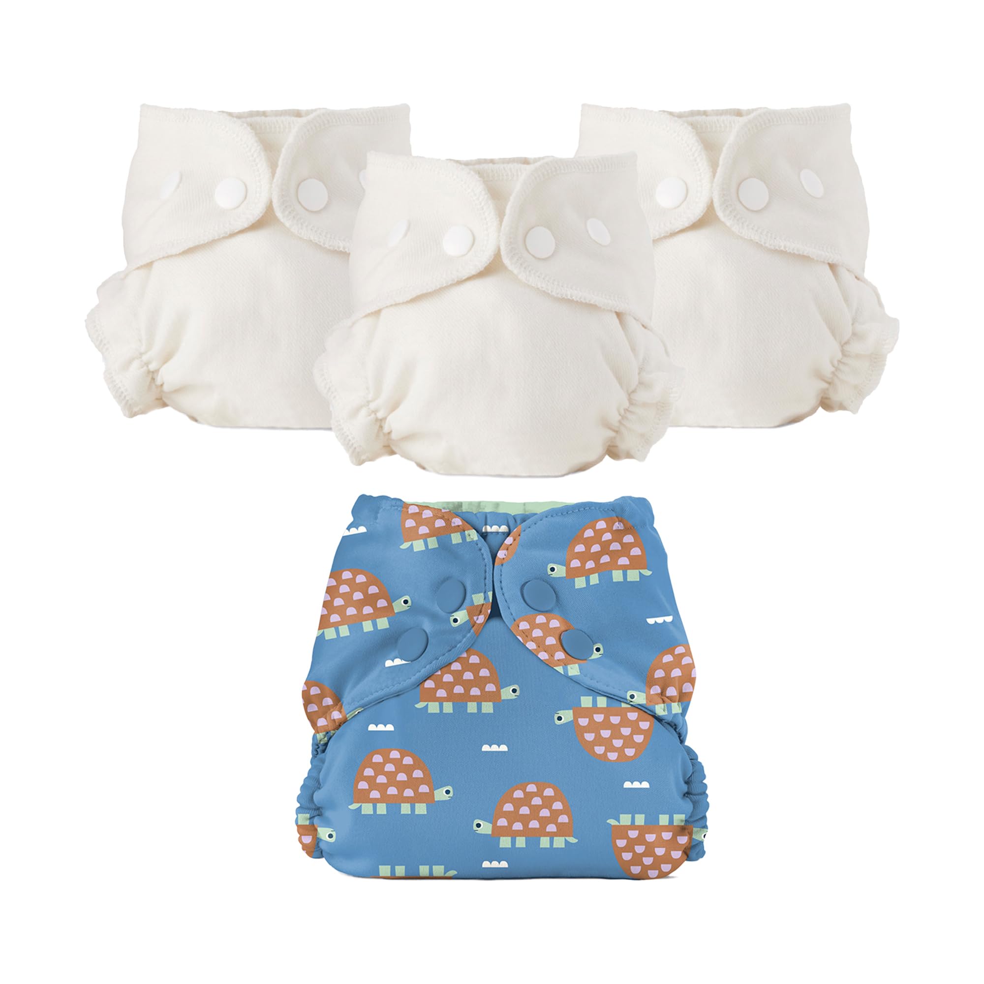 Photo 1 of Esembly Cloth Diaper Bundle Set - 3 Organic Cotton Absorbent Inners and 1 Waterproof Outer Diaper Cover - Reusable, Washable, Snap Closure Cloth Diapers - Size 1 (7-17lbs), Turtles