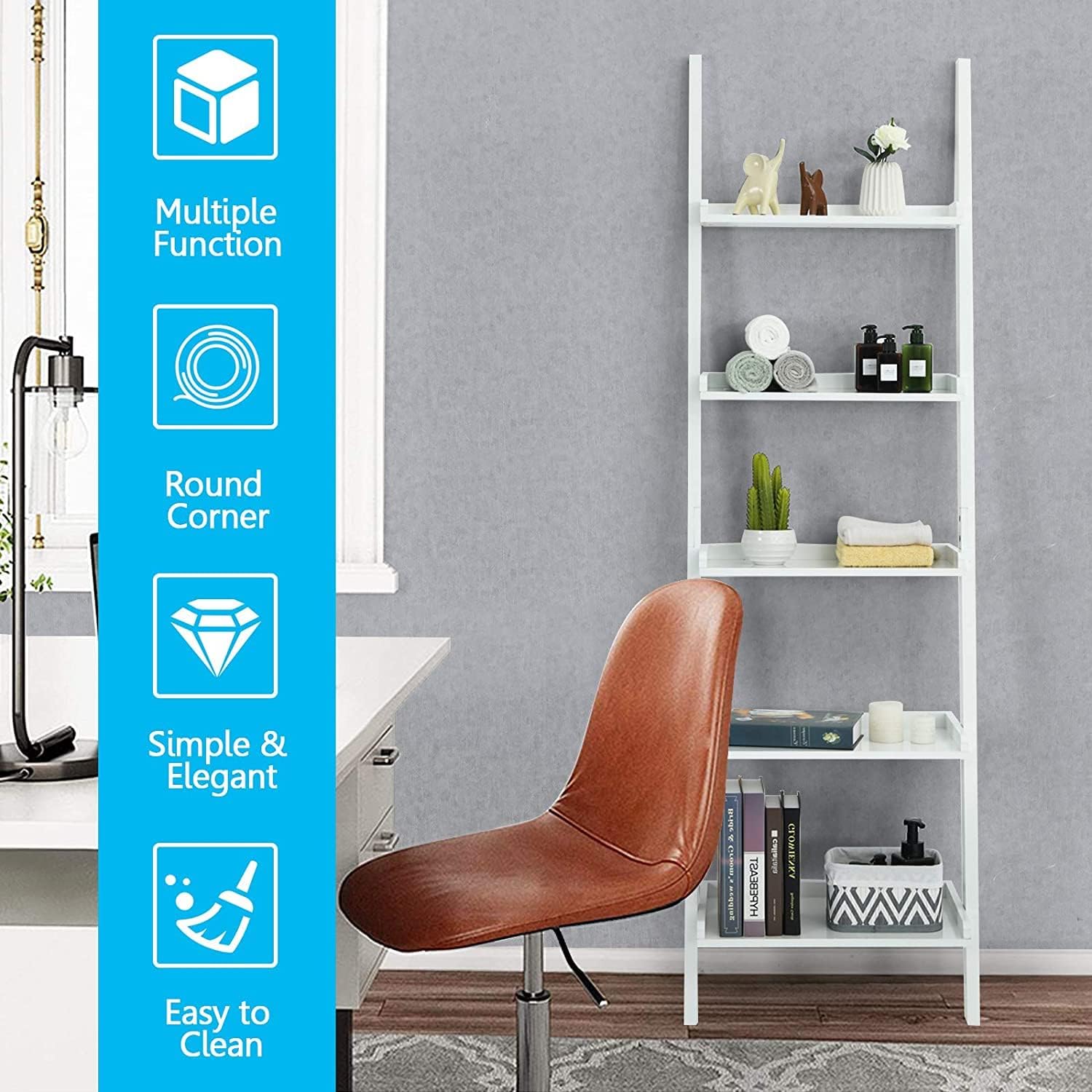 Ladder Shelf, 5-Tier Wall-Leaning Bookshelf, Rustic Wood Ladder, Storage Rack Shelves, Multipurpose Organizer Rack for Living Room, Bathroom, Office (White)