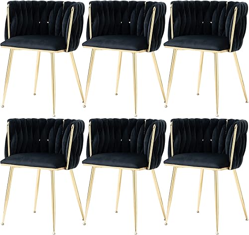 Miniatura 24 de Nrizc Juego de 2 sillas de comedor tejidas, sillas de comedor tapizadas de terciopelo con patas de metal dorado, sillas decorativas modernas para
