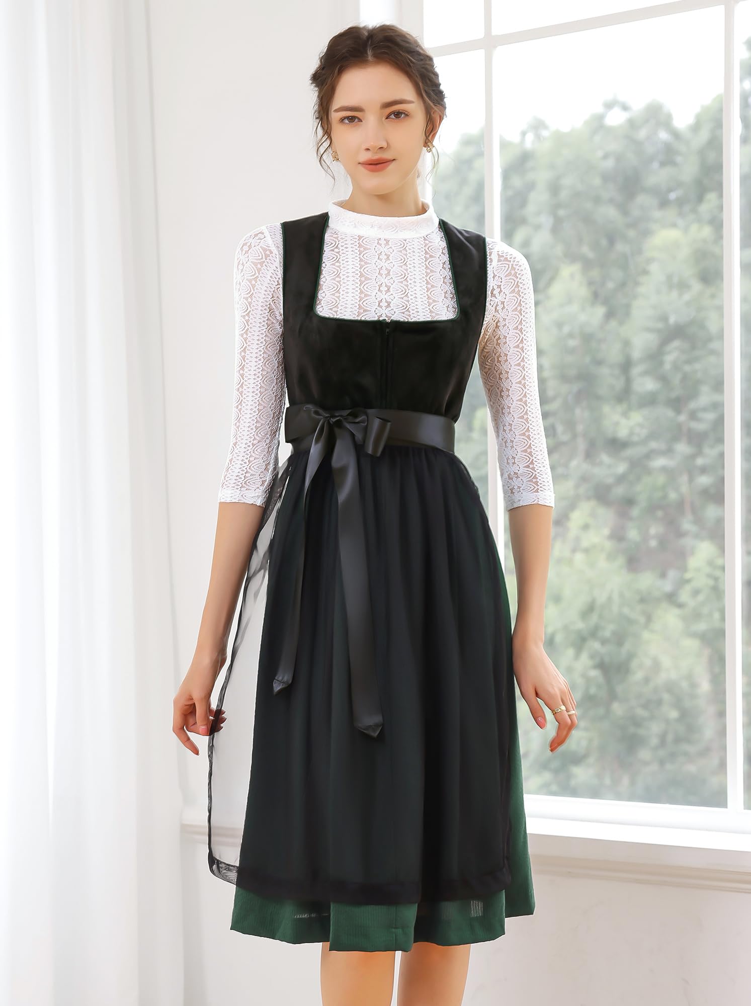 EIISSION Dirndl Damski Oktoberfest Kostium Oktoberfest Kostium Kostium Damski Czarny Tradycyjna Sukienka midi Trachten Sukienka 3 Pieces Bluzka Fartuch