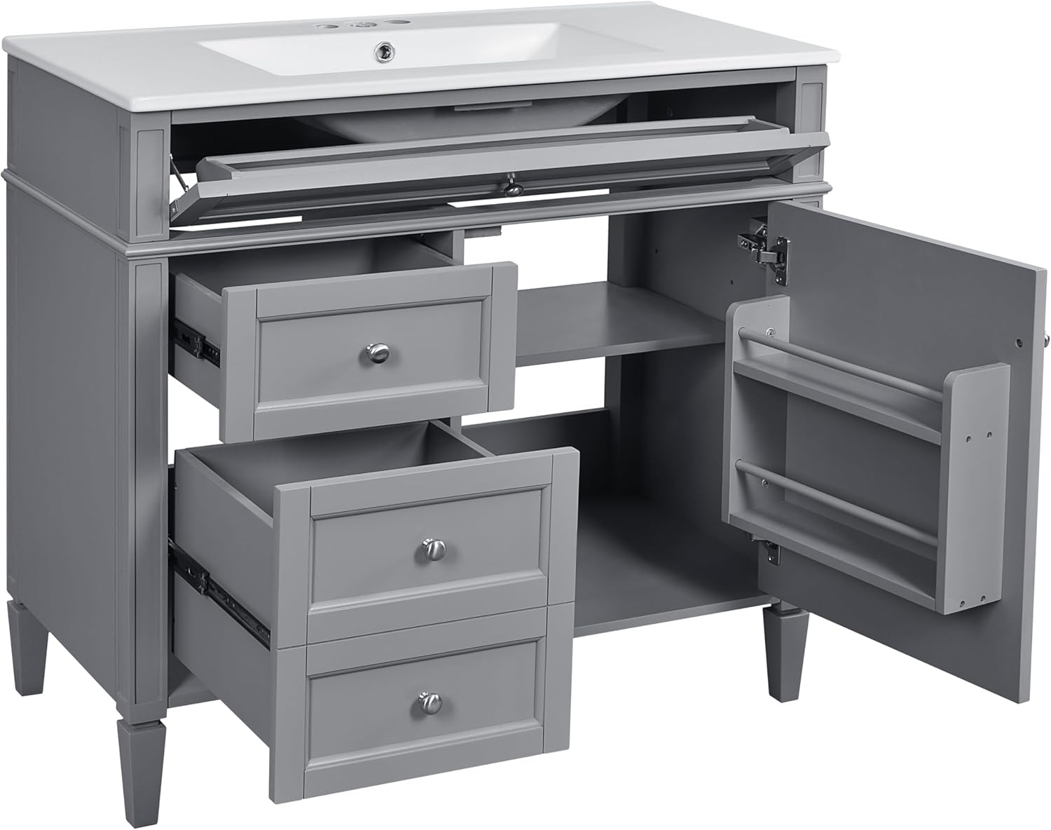 36 Inch Grey Bathroom Vanity with Sink,Modern Bathroom Vanity Cabinet with 2 Drawers(Left Side) & Tip-Out Tray,Door Organizer & Adjustable Shelf,Soft Closing Door,Solid Wood Frame(Ceramic Sink)