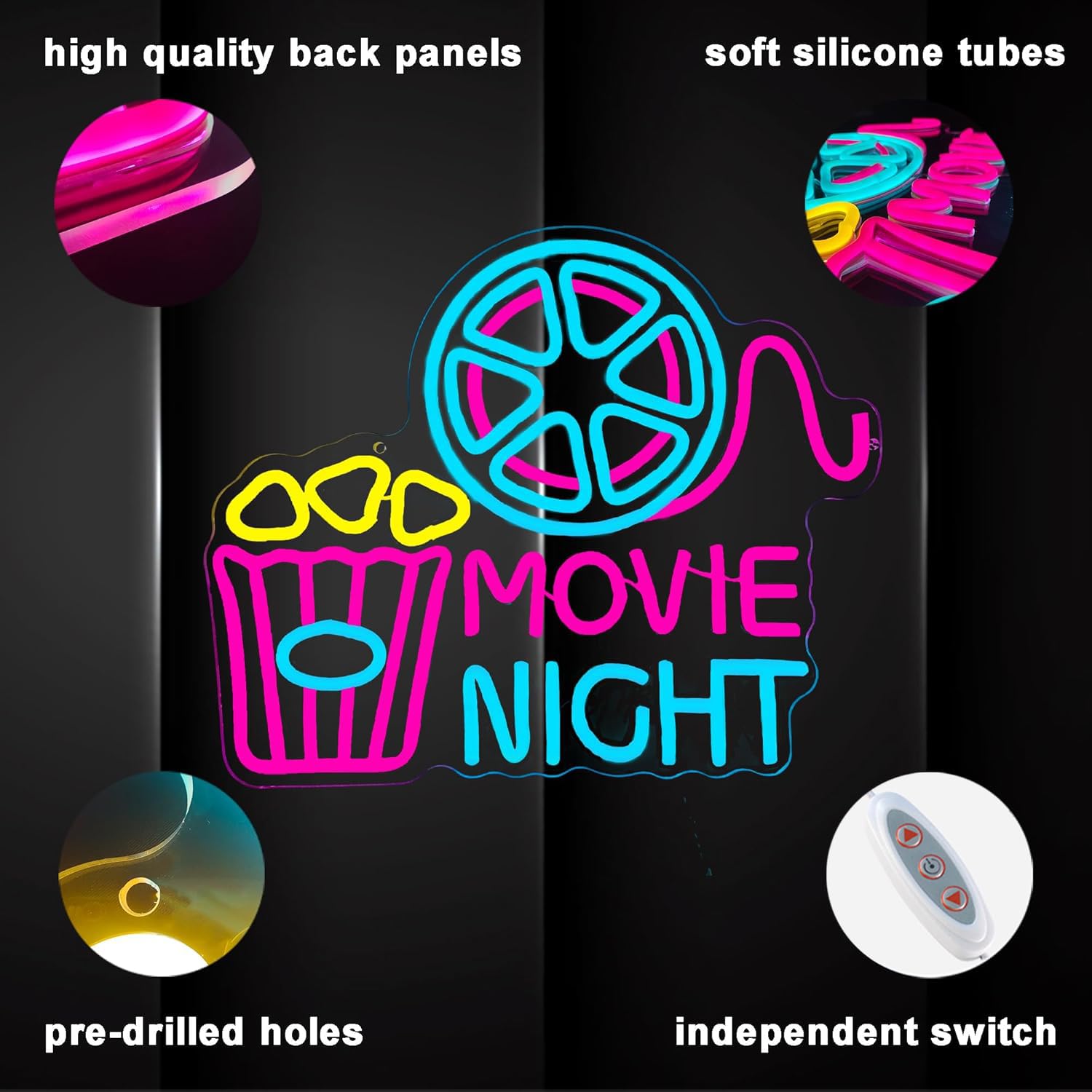 Insegna al neon con scatola di carta con popcorn, luce al neon a LED per decorazione da parete, decorazione per il cinema, luci USB dimmerabili per sala cinema, feste di compleanno