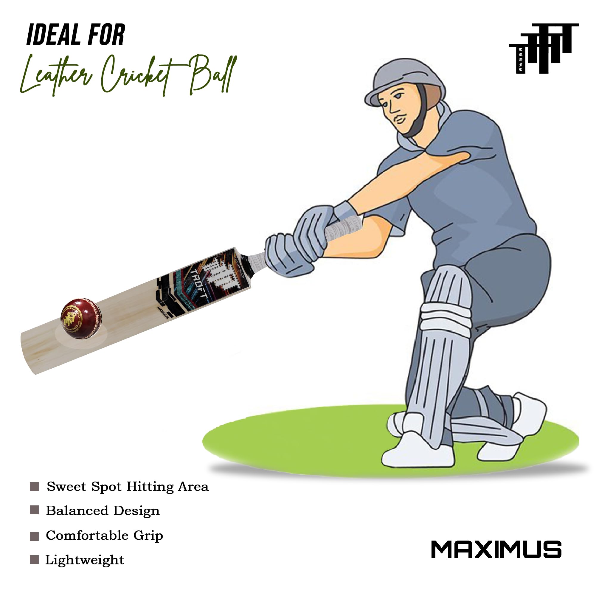 Troft Maximus Grade 1 English Willow Cricket Bat | Premium Grade English Willow Bat with Large Sweet Spot & Thick Edges | Professional Match & Practice Bat (Size SH | 33.5 in) 4