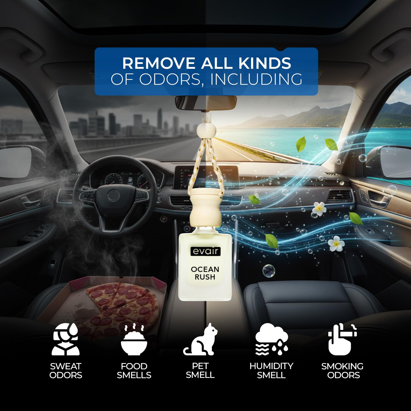 Evair OCEAN RUSH Luxury Car Air Freshener | Cool Aqua Essential Oil Hanging Car Perfume | Long Lasting Car Fragrance Diffuser | Premium Glass Bottle Wooden Diffuser Hanging Pod | 10ml (Pack of 1) 2