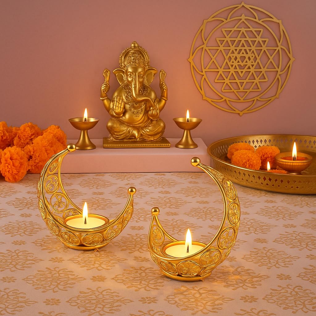 Moon Tea Light Holder, Candle Holder, Crystal Candle Holder, Metal Lanterns, Table Decoration for Wedding Party, Ramadan, Diwali Decoration (Pack of2) (Gold, Gold (Pack of2))
