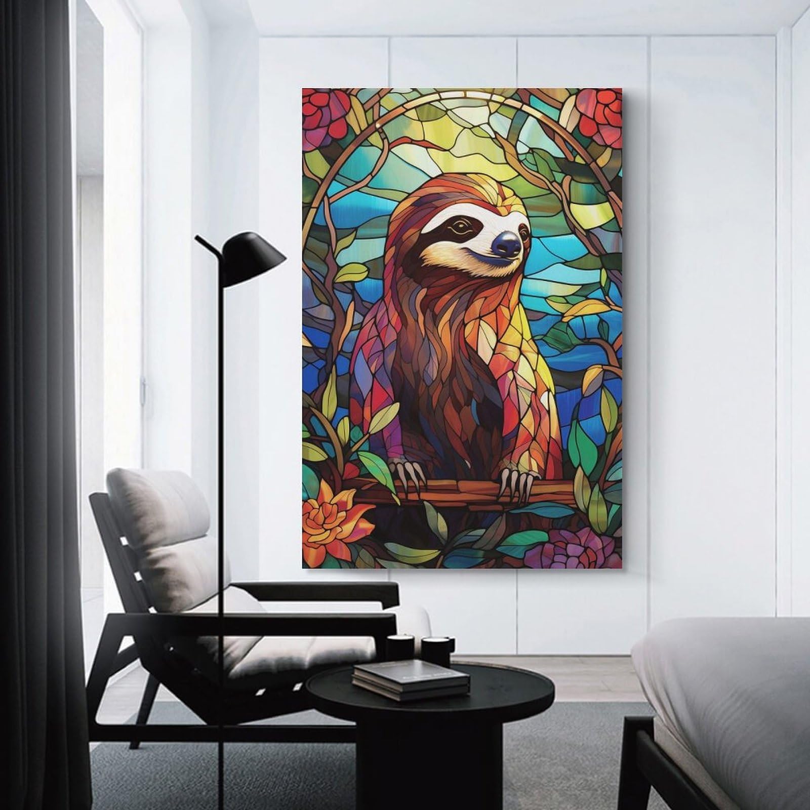 Junmoney Hanging Wall Art Stained Glass Sloth in Floral Frame, 24x36inch(60x90cm), for Work Areas, Reading Rooms Or Studios, Wall Art That Adds Style to Work Areas
