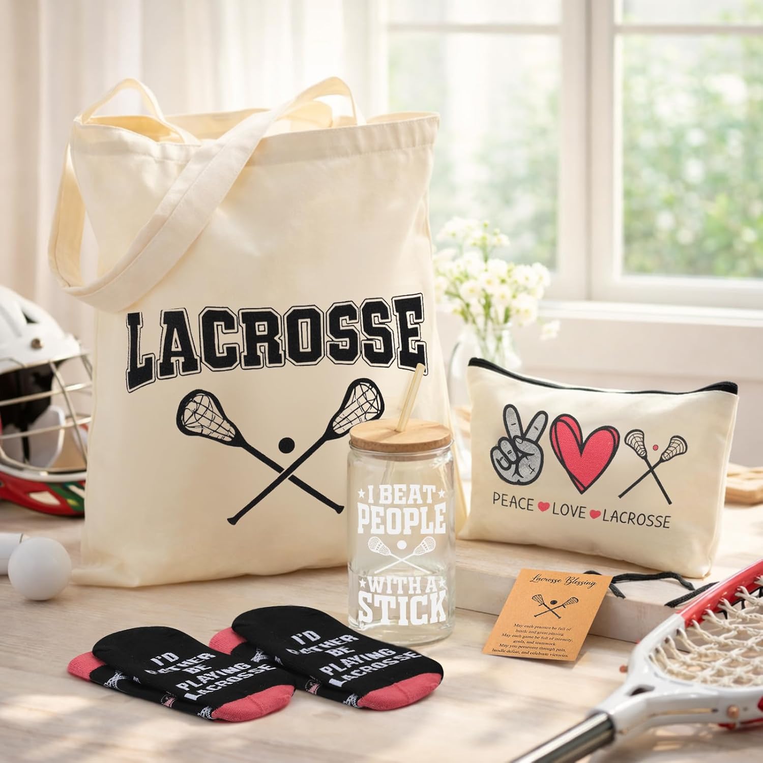 Chunful 6 Pcs Lacrosse Gifts Set for Teen Girls & Women Team Essentials Accessories Include 16 oz Glass Jar Tumbler, Canvas Tote, Makeup Bag, Novelty Socks & Bracelets for Lacrosse Lover Coach