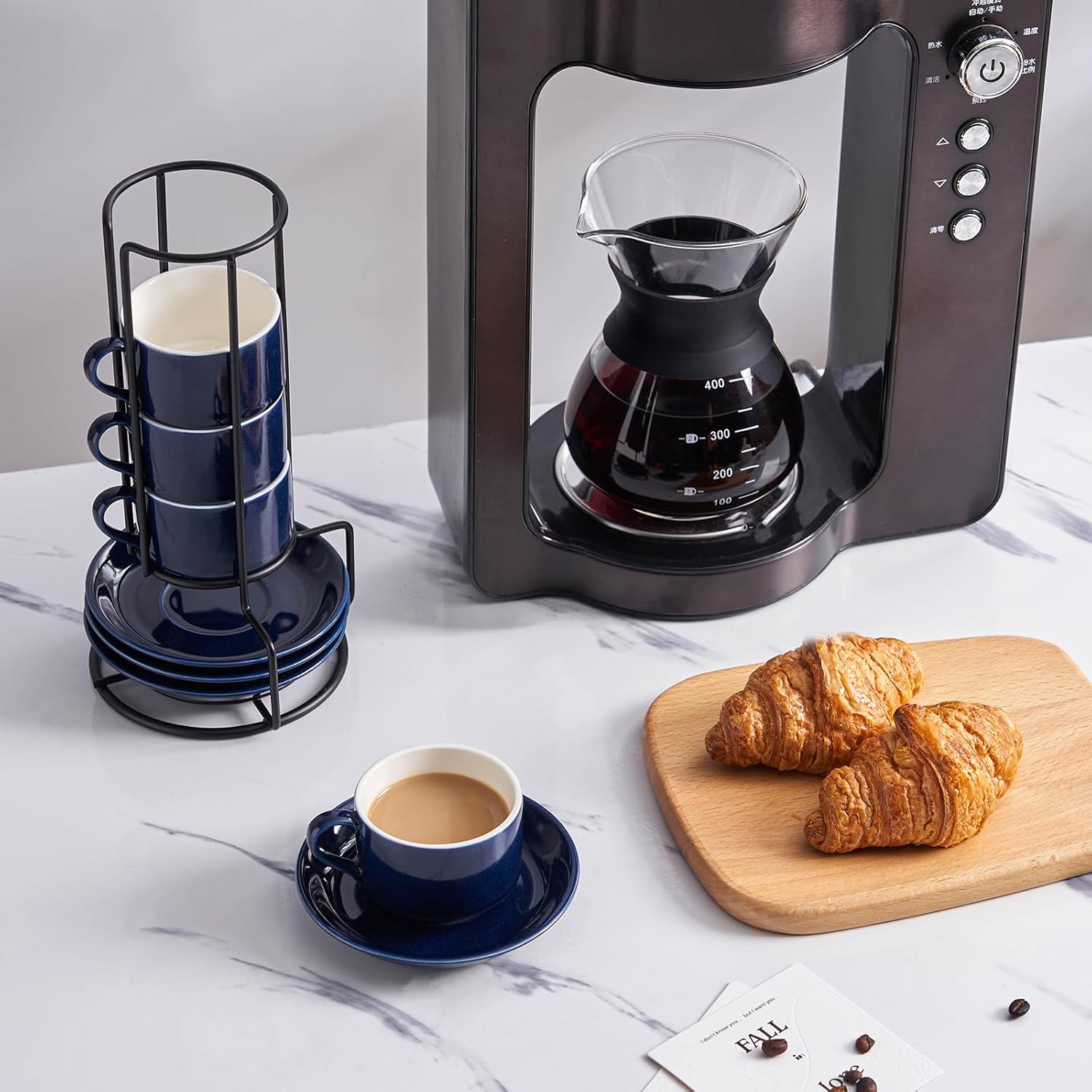 YOLIFE 2.5oz Espresso Cups Set of 4, Porcelain Stackable Espresso Cups with Saucers and Metal Stand, Expresso Shots Cup-Blue