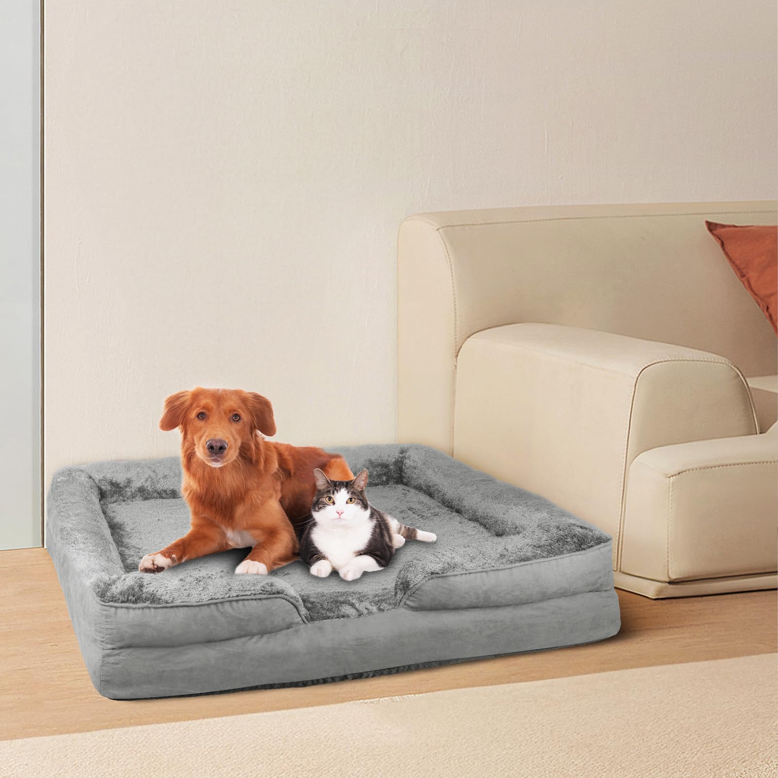 Cesta para perro, alfombra gruesa ultra suave, cojín para perro, desenfundable, cama para perro, lavable, memoria de forma impermeable, 105 x 80 x 20 cm (gris)