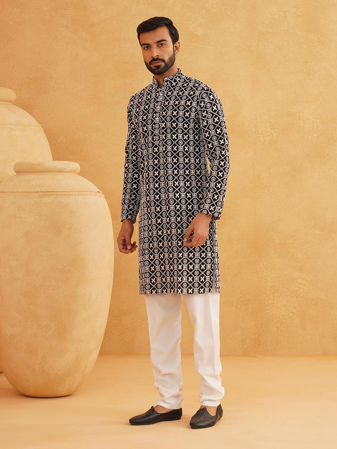 Sojanya (Since 1958 Men'S Cotton Gold Sequence Embroidered Kurta With White Churidaar Pyjama - Image 3
