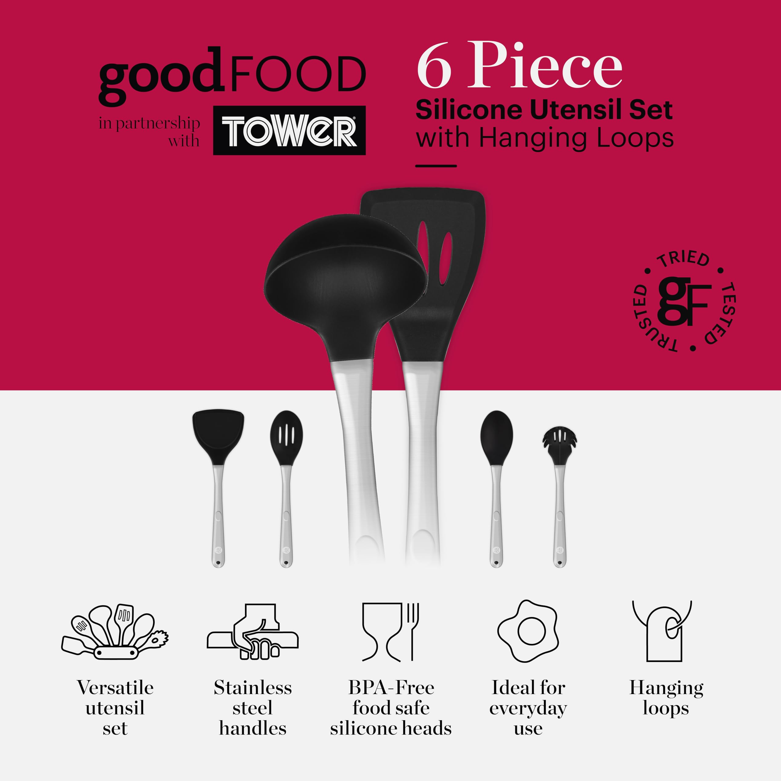 Good Food in partnership with TOWER GF832252 Crea deliciosas comidas para toda la familia con este versátil juego de utensilios de 6 piezas, silicona, acero inoxidable, color negro