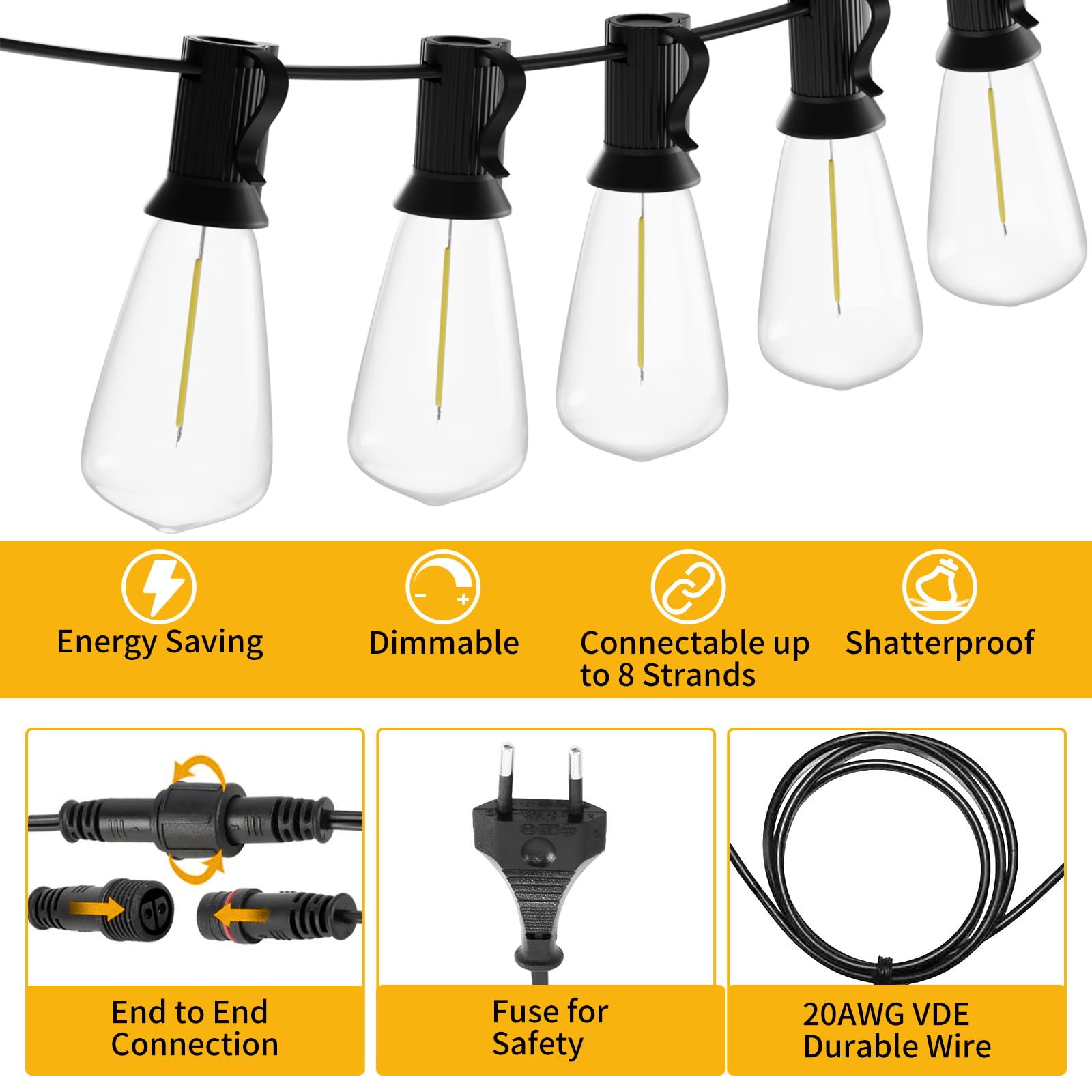 Yuucio Catena Luminosa Esterno LED, 18M Luci da Esterno Giardino, ST38 30+1 Plastica Lampadine, Impermeabile Lucine da Esterno Catene Luminose Esterni per Terrazzo Patio Interno-Bianco Caldo 2700K