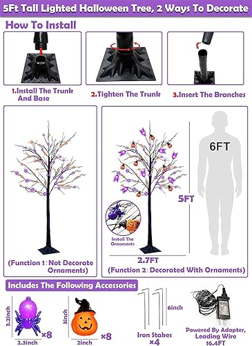 Miniatura 2 de TURNMEON Árbol de Halloween iluminado naranja y morado de 5 pies con temporizador, decoraciones de Halloween, árbol artificial espeluznante para