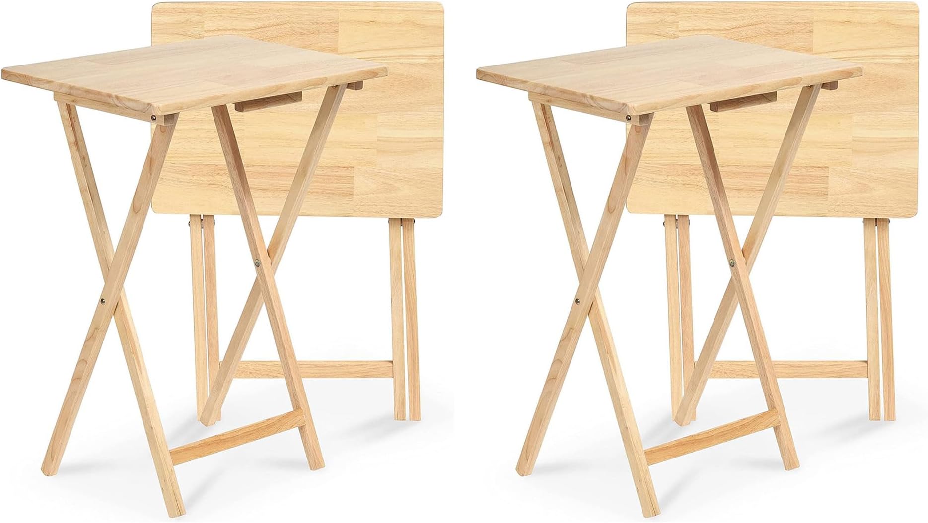 PJ Wood Rectangular Folding Portable TV Snack Serving Tray Table, Solid Wood Construction with Natural Finish (4-Piece Set)