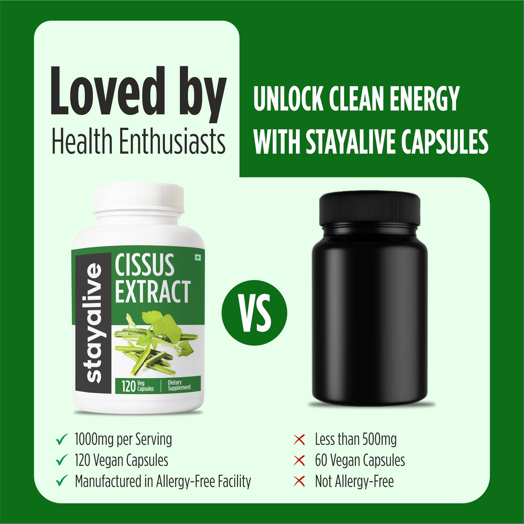 STAY ALIVE Cissus Quadrangularis Supplement 1000mg, 120 Pills, Pure Extract Powder with 40% Ketosterones, Non-GMO and Gluten-Free Cissus Extract Capsules for Men and Women 2