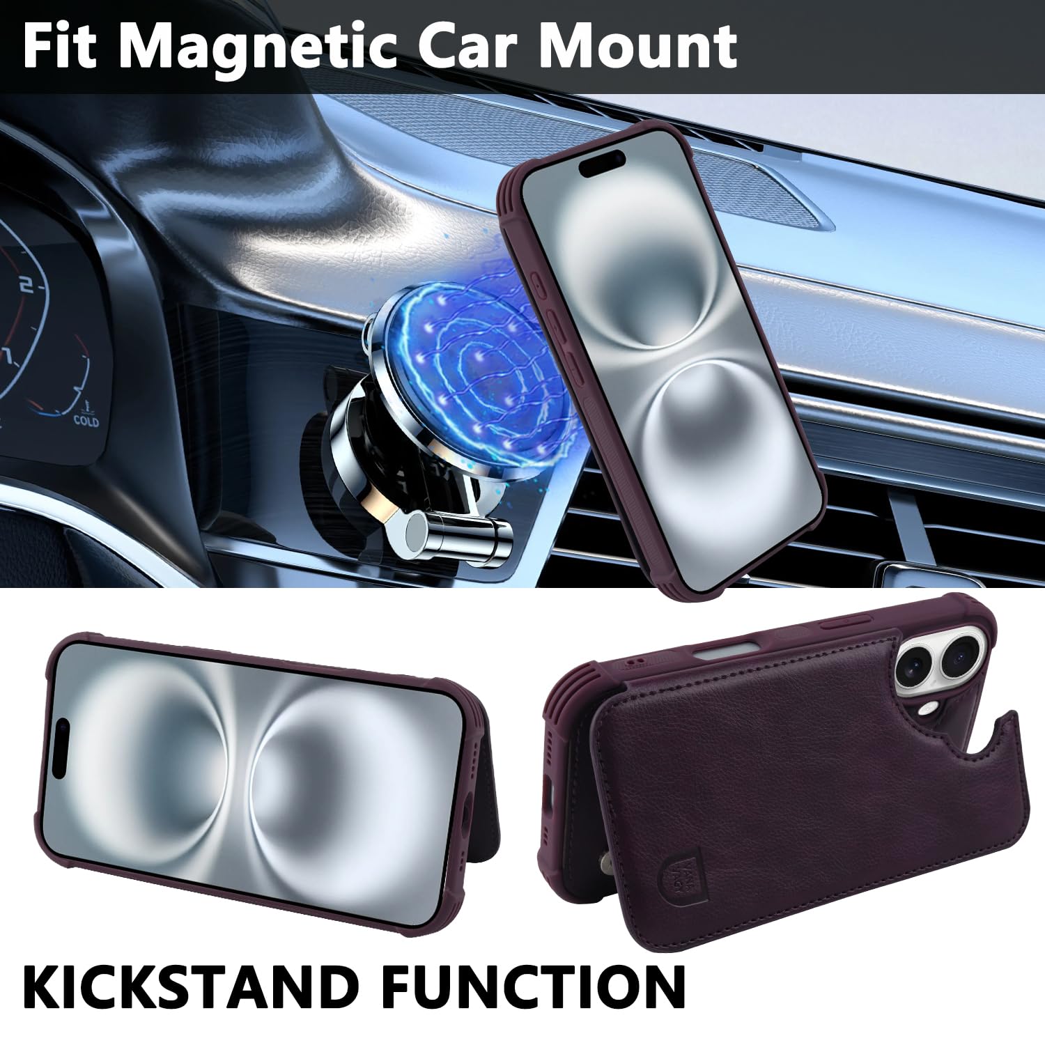 VANAVAGY Compatible for iPhone 16 Plus Wallet Case with Credit Card Holder,Rfid Leather Flip Folio Phone Cover Fits Magnetic Car Mount and Stand with Screen Camera Protector,Purple - Image 4