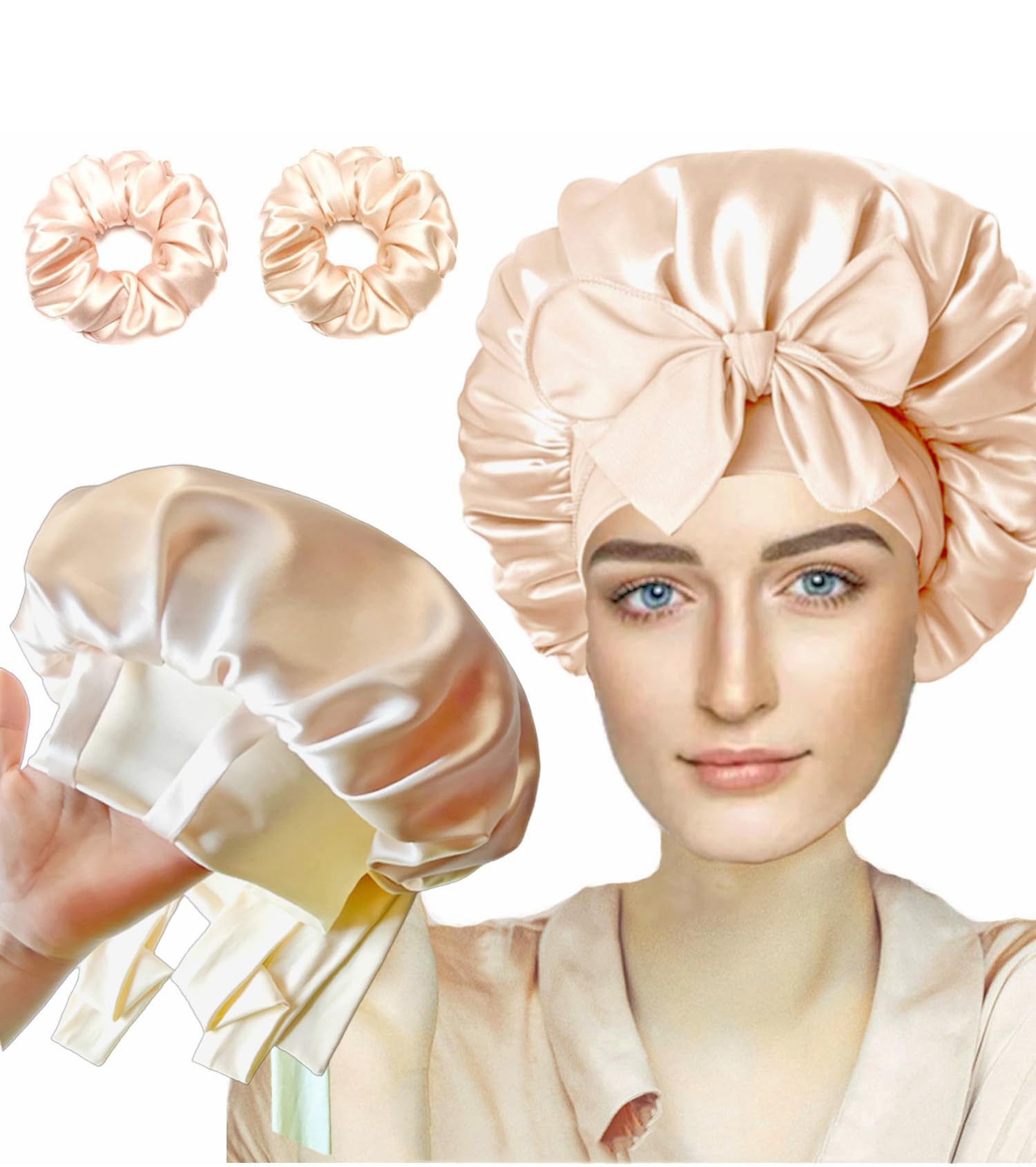 FZHGVML Silk Hair Bonnet for Sleeping with Tie Double-Sided Satin Silk Bonnet for Women & Girls Curly Hair Care