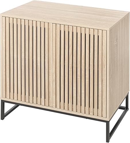 Miniatura 5 de FairyHaus Armario de almacenamiento con puertas de diseño de 2 rejillas, gabinete de buffet natural con almacenamiento y estante ajustable, armarios