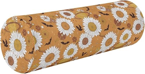 FRODOTGV Boho Retro Halloween Bats Floral Orange Decorative Bolster Pillows for Sofa Neck Roll Pillows for Pain Relief Round Pillow Chair Cushion