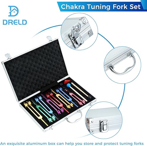 Miniatura 6 de Tenedor de afinación Chakra para curación, 7 chakras y 1 diapasón de solfeo colorido con peso con caja de regalo de aluminio, diapasones de