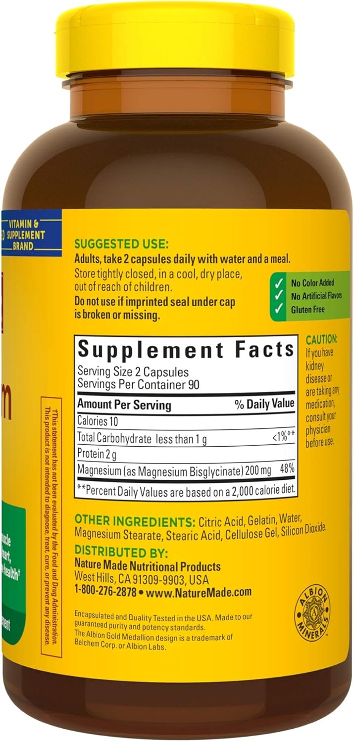 Nature Made High Absorption Magnesium Glycinate 200 mg, Supports Muscle Relaxation, Heart, Nerve, and Bone Health, Gentle on the Stomach, 100% Chelated, 180 Capsules : Everything Else