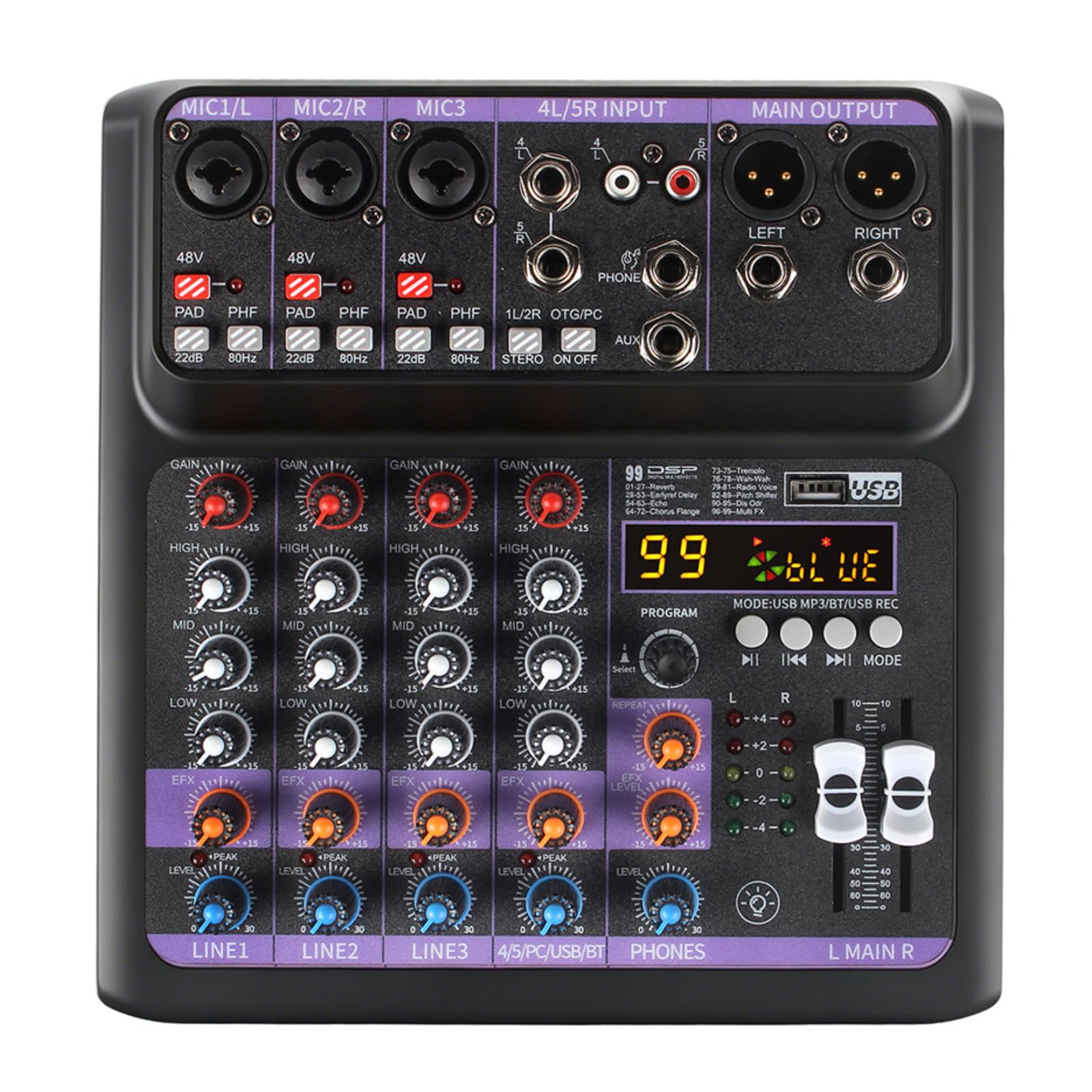 Mesa de mezclas Bluetooth 99 DSP de 5 canales para streaming podcast