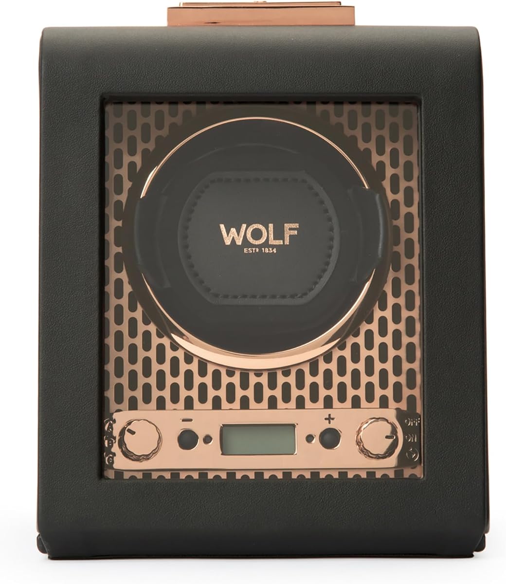 Wolf Axis Watch Winder with Glass Cover - Secure Fit with Patented Lock-in Dynamic Cuff - Accommodates All Wrist Sizes - Vegan Leather - Includes Universal Adapter