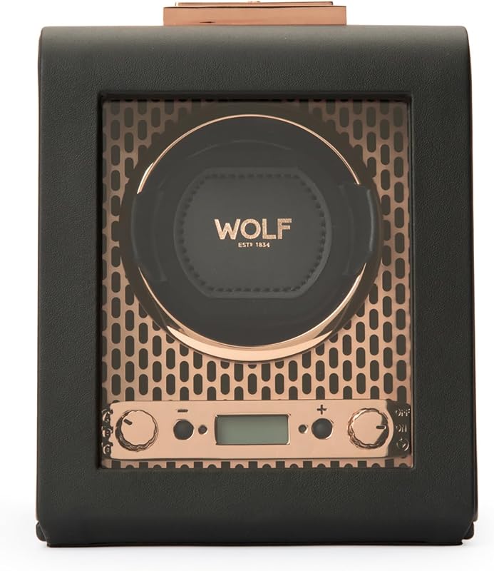Wolf Axis Watch Winder with Glass Cover - Secure Fit with Patented Lock-in Dynamic Cuff - Accommodates All Wrist Sizes - Vegan Leather - Includes Universal Adapter