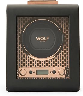 Wolf Axis Watch Winder with Glass Cover - Secure Fit with Patented Lock-in Dynamic Cuff - Accommodates All Wrist Sizes - Vegan Leather - Includes Universal Adapter