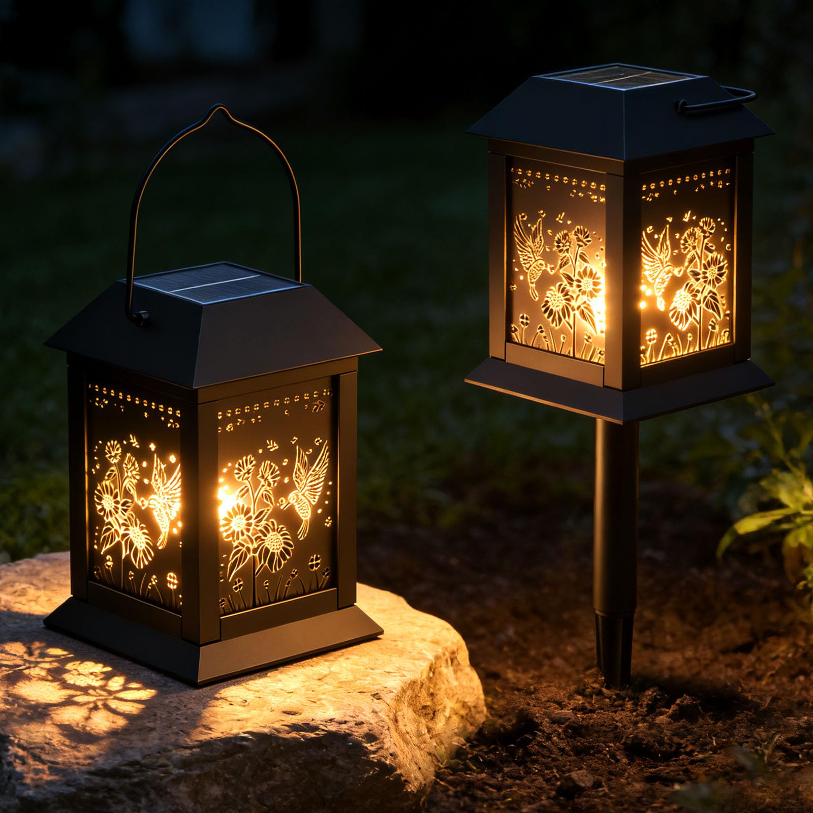 Solar Lanterns for Outside 2 Pack, IP65 Waterproof Hanging Solar Lights with Flickering Warm White, Black Wrought Decorative Metal Lantern for Garden Patio Yard, Gifts for Women Mom, Energy Class A