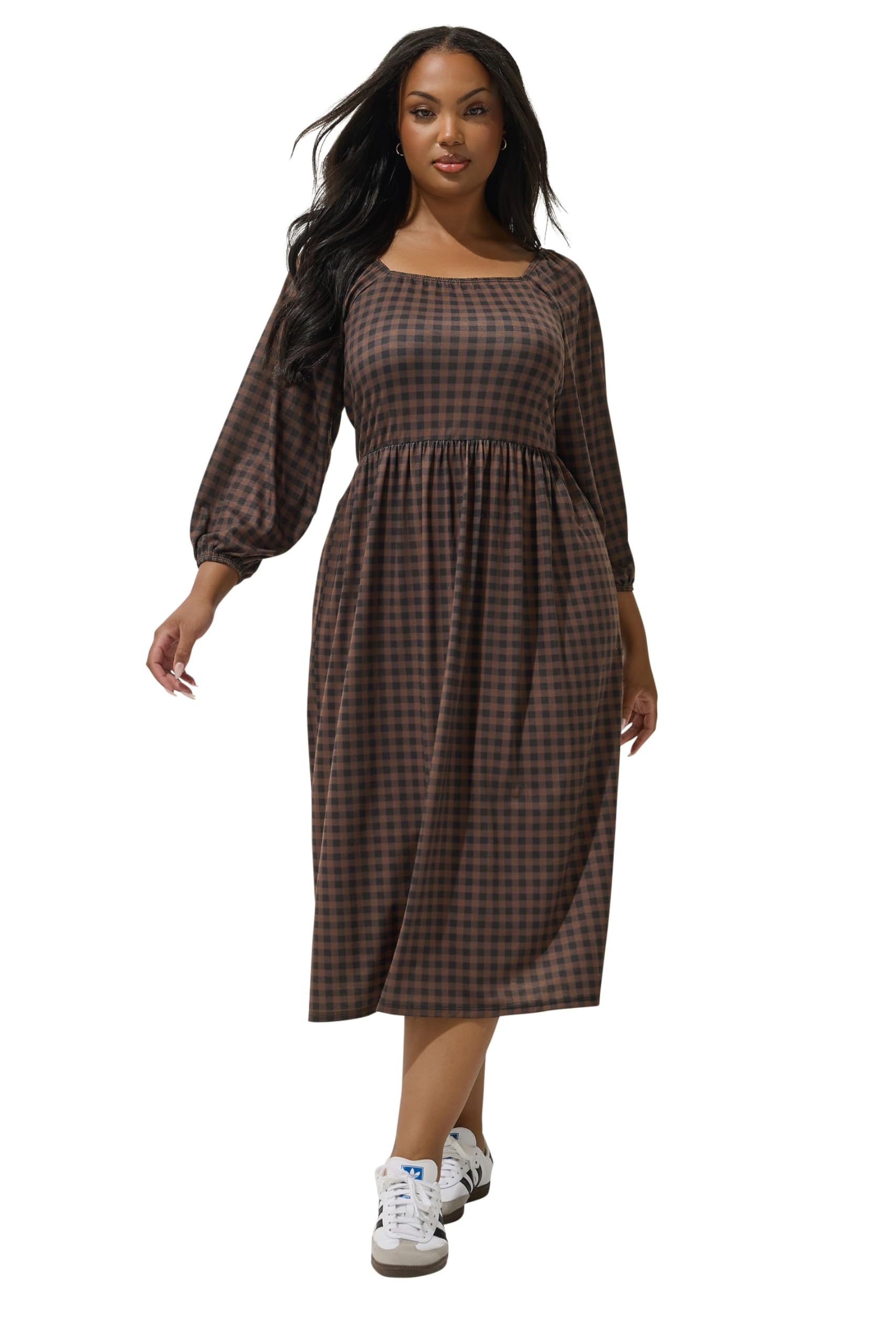 Yours Limited Collection Curve Gingham Puff Sleeve Midi Dress - Women's - Plus Size Curve Brown