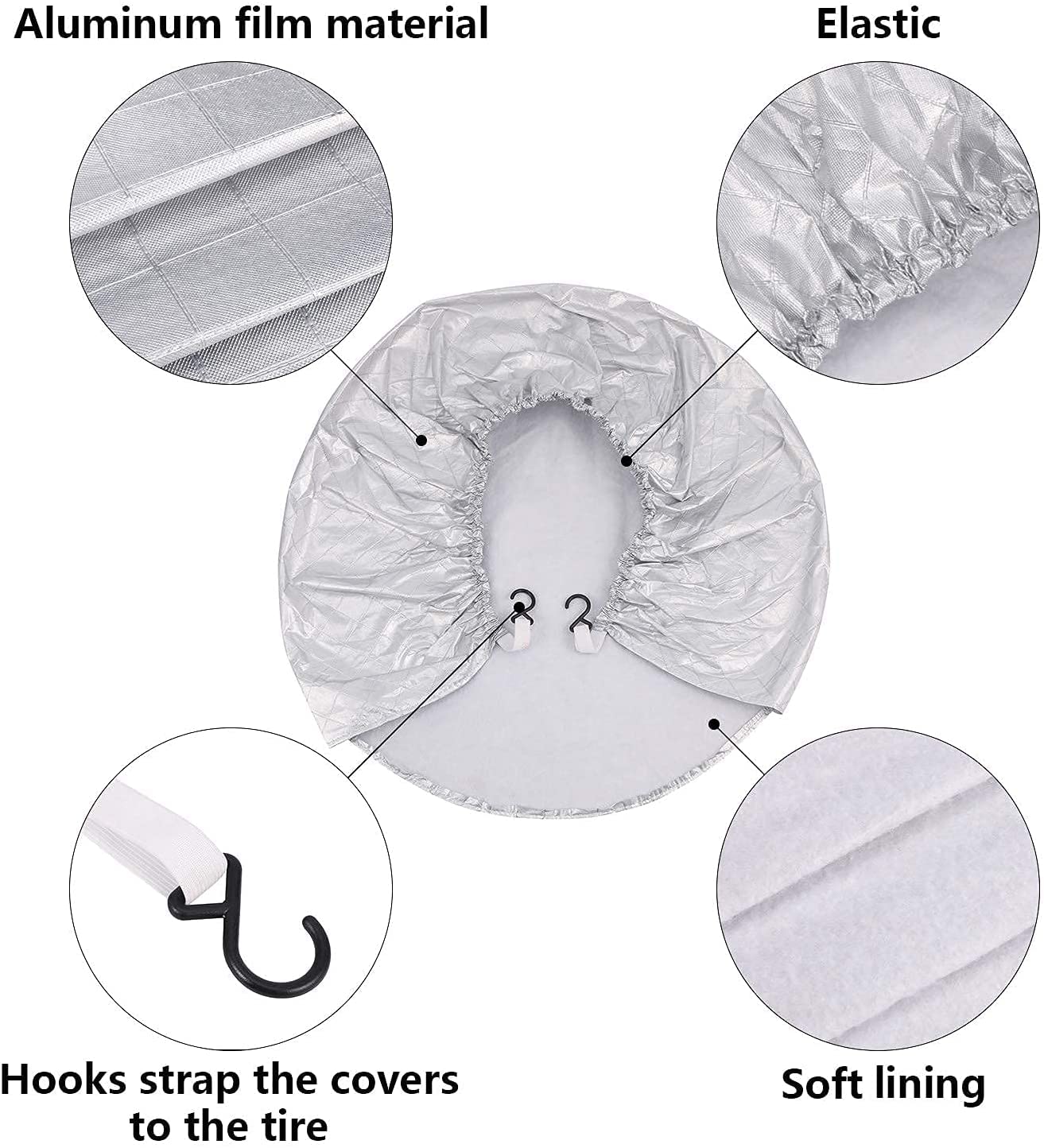 Lot de 4 housses de pneu de secours en film d'aluminium imperméable à l'eau et à la poussière avec crochets pour remorque, camping-car, camion, SUV, camping-car, Jeep, protection contre les UV