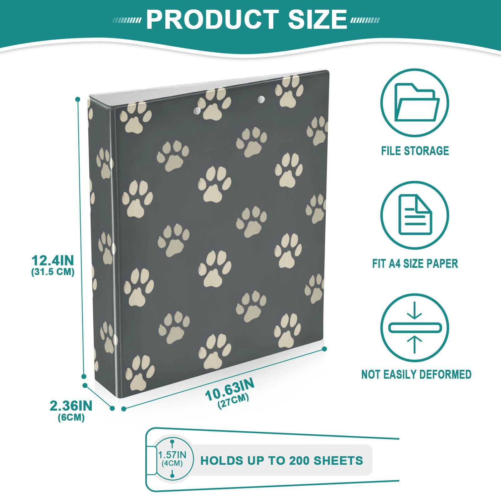 Raccoglitore a 3 anelli con stampa di zampa di cane, 3,8 cm, raccoglitore con appunti e tasche in PVC, adatto per carta da 21,5 x 28 cm, per scuola e ufficio (confezione da 1)