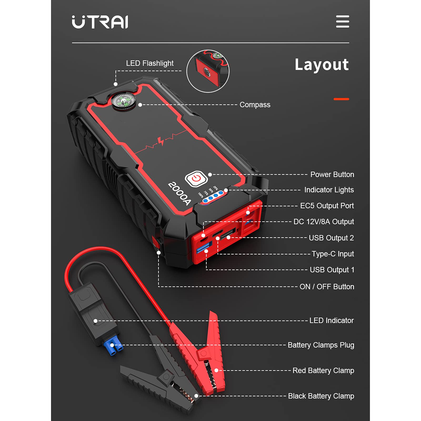 2000A Jump Starter Power Bank 12V Energía Inteligente Pantalla Digital Cargador Portátil Dispositivo de Arranque para Batería de Repuesto de Coche de Emergencia 6.0L / 4.0L,22000mAh