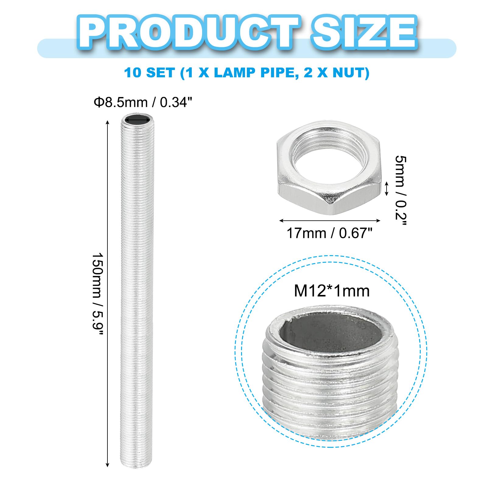 PATIKIL M12 Thread 150mm/5.9" Lamp Pipe Kit with Lock Nuts - Image 2