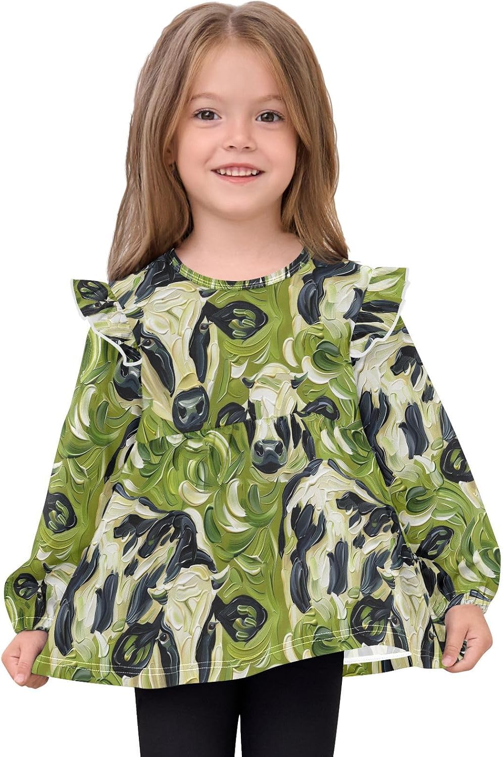 visesunny Toddler Clothes for Girls Oil Cow Pattern Long Sleeve Fall Shirts Cotton Top with Ruffle Collar