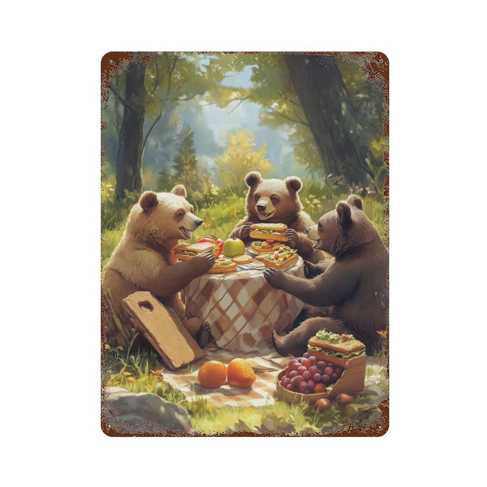 Aged Metal Wall Plaque with Bears Picnic in The Woods Design 15.7"x11.8", for Basement, Hobby Room And Garage Decor, Farmhouse Wall Decor