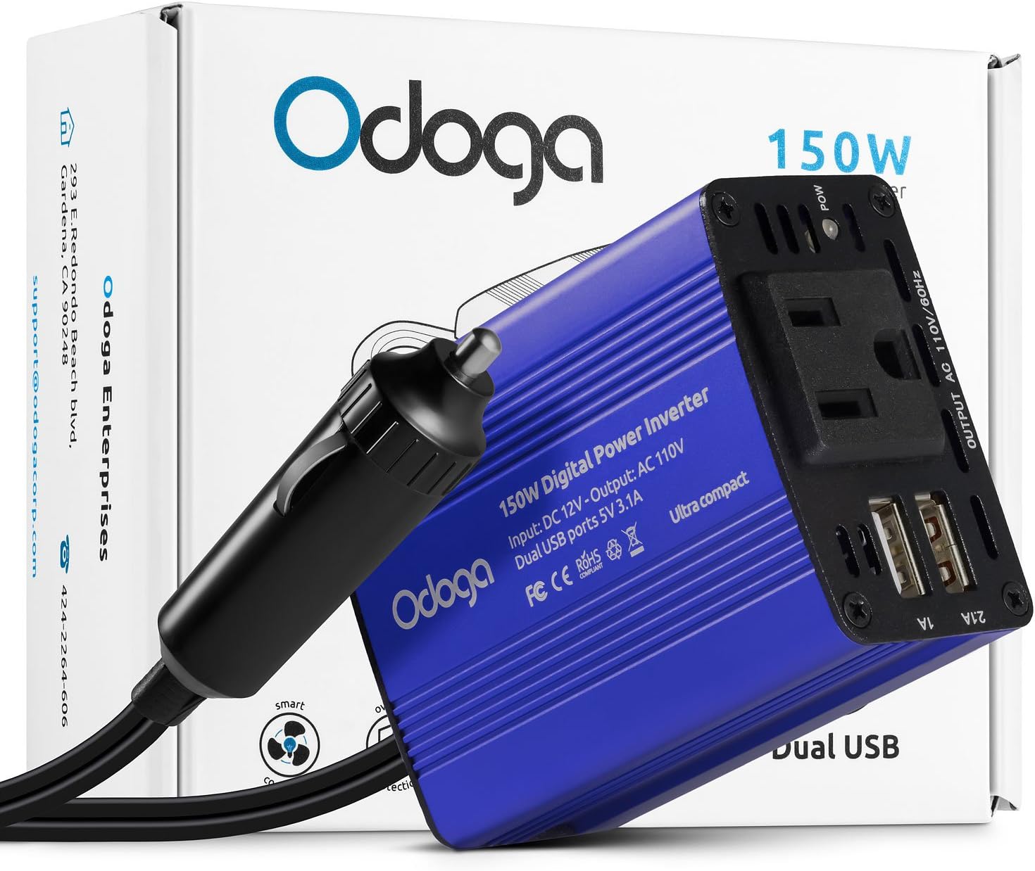 Odoga 150W Car Power Inverter DC 12V to 110V AC Car Adapter ~ Dual USB Ports ~ Charge Your Electronics On The Go